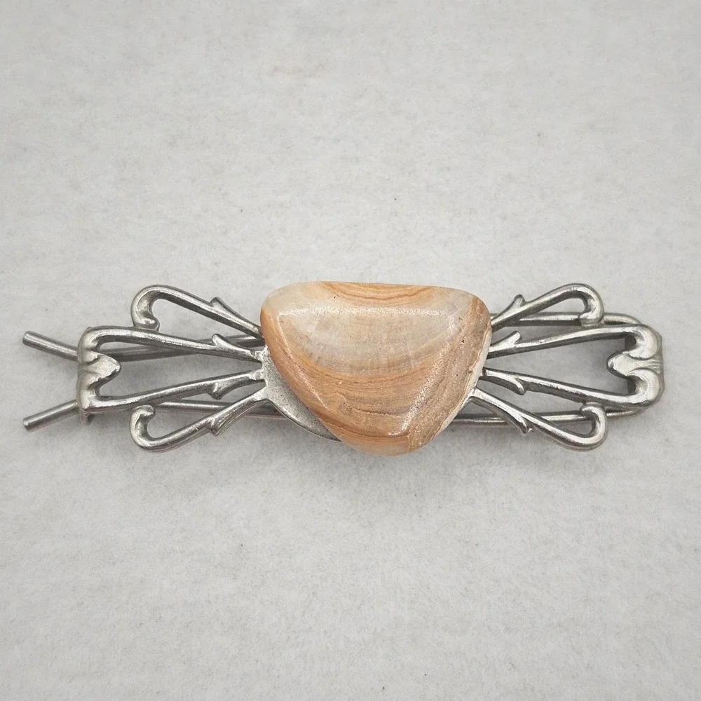 Vintage Art Nouveau Banded Stone Bar Hair Piece Silver Tone Ornate Openwork